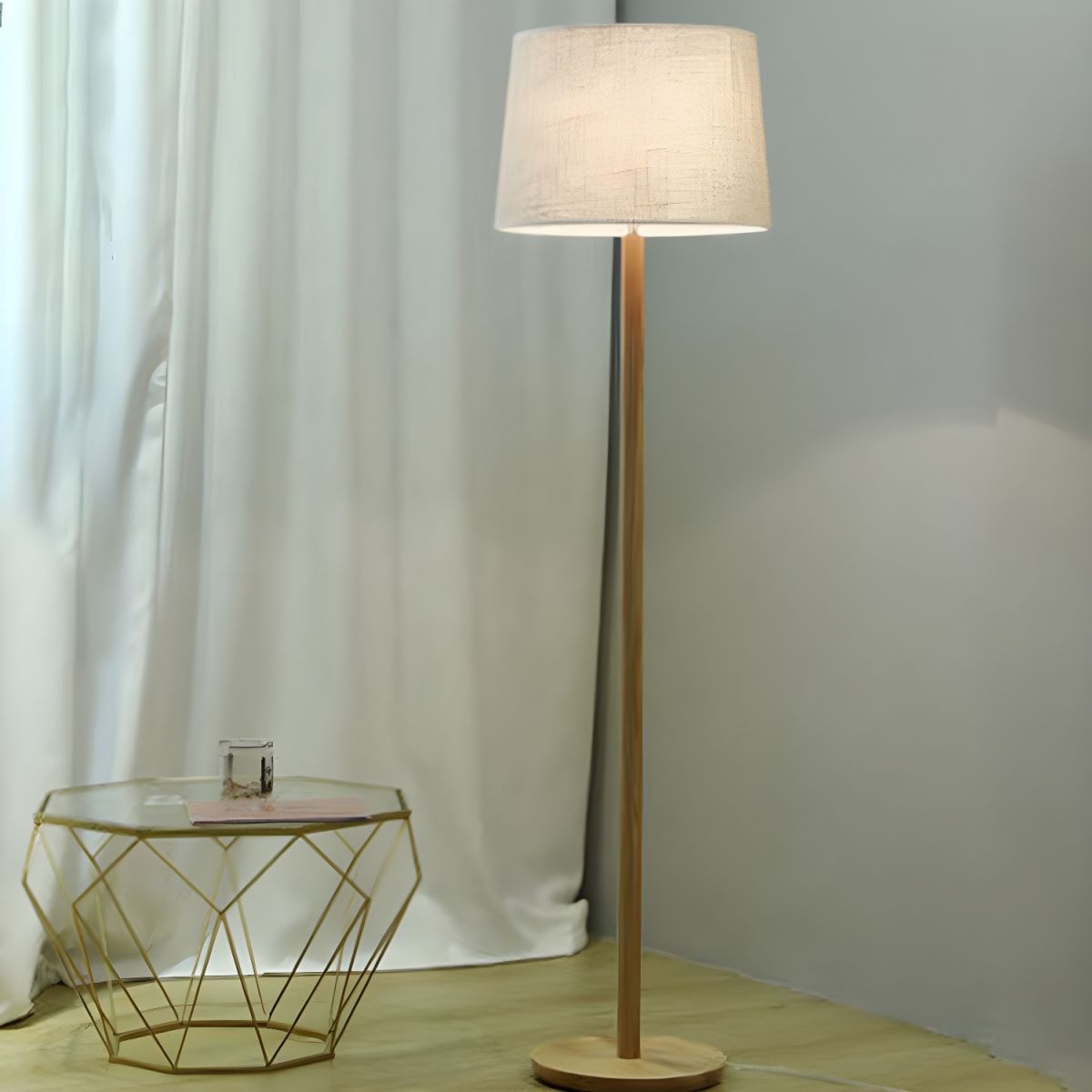 Modern Floor Lamp Wooden Base Fabric Drum Shade Lighting | Mervano