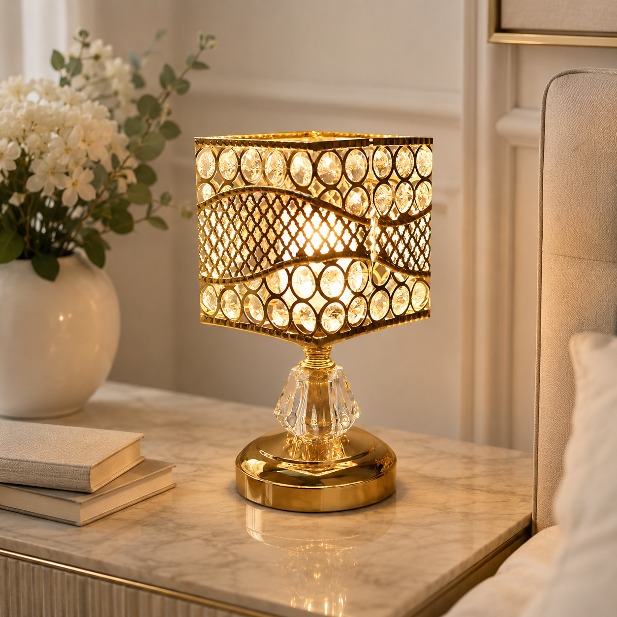 Modern Gold Crystal Shade Table Lamp With LED Light | Envoris
