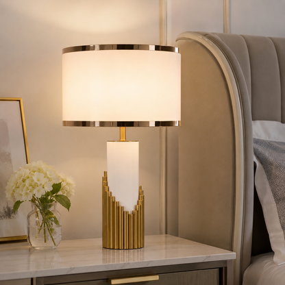 Modern Gold Table Lamp with Fabric Cylinder Shade | Velnari