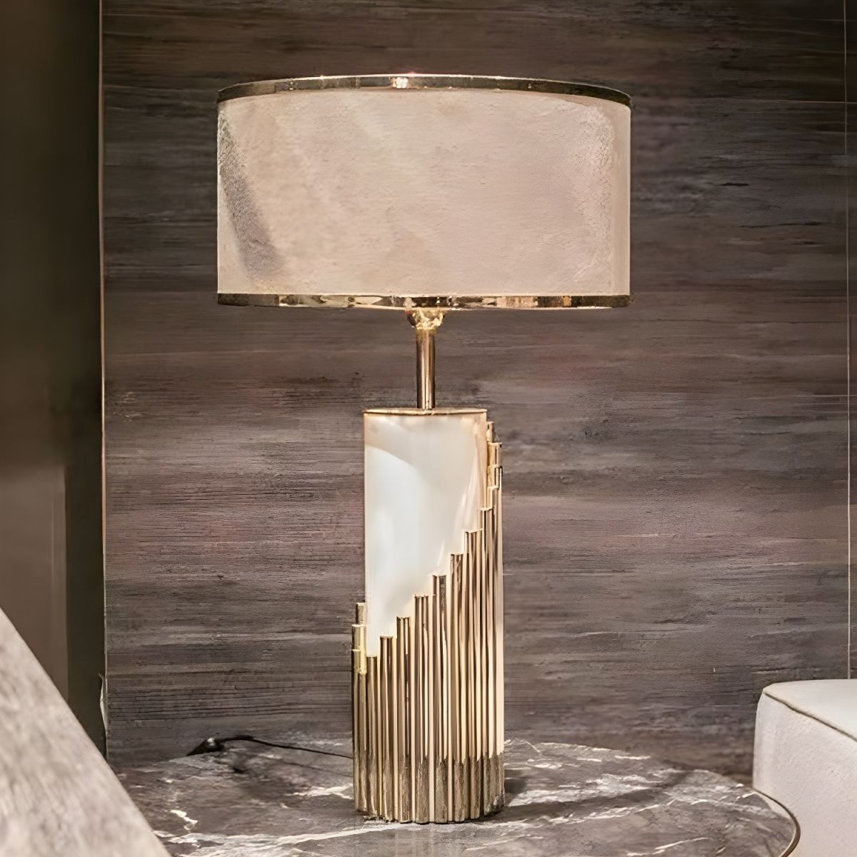 Modern Gold Table Lamp with Fabric Cylinder Shade | Velnari