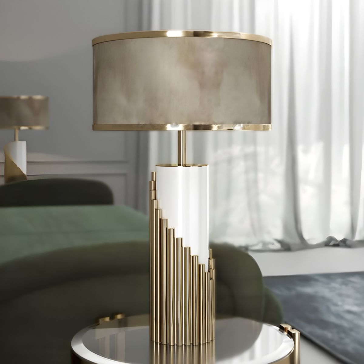 Modern Gold Table Lamp with Fabric Cylinder Shade | Velnari