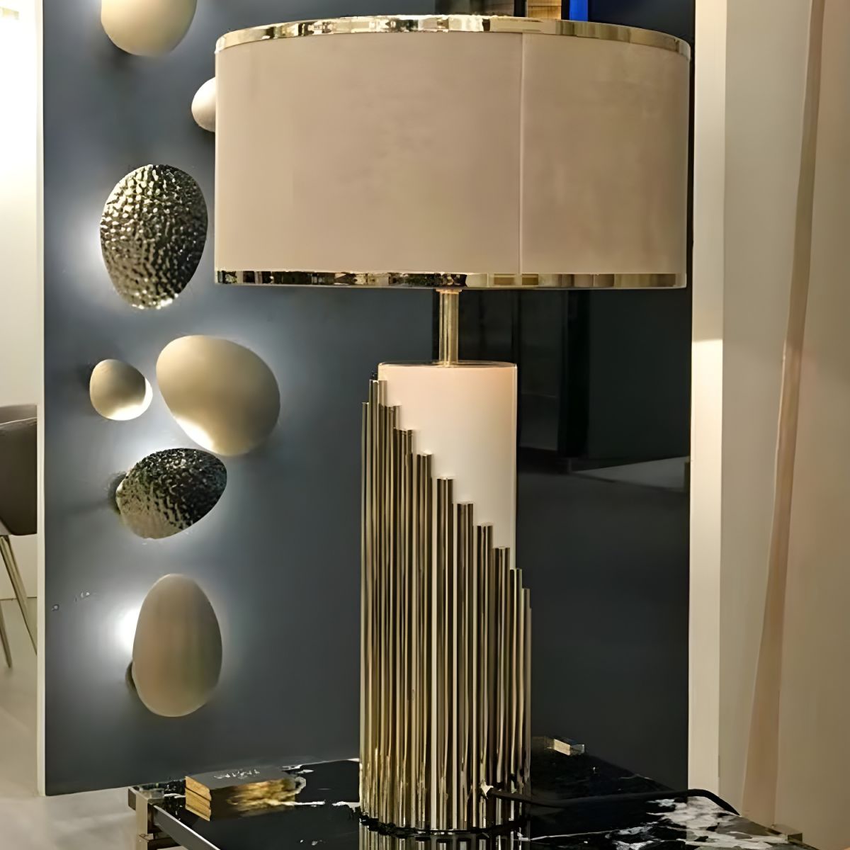Modern Gold Table Lamp with Fabric Cylinder Shade | Velnari