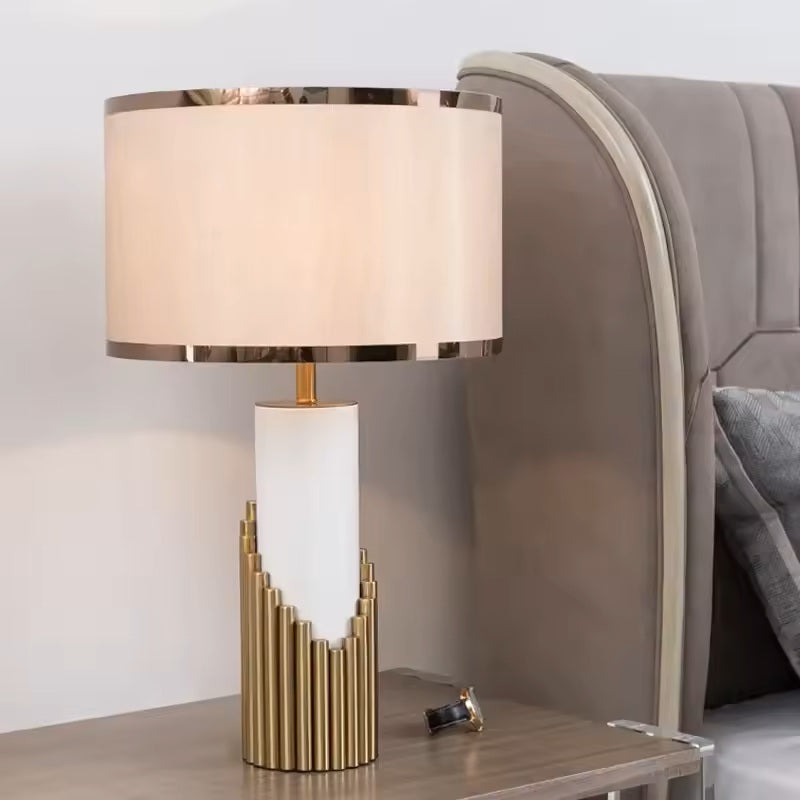 Modern Gold Table Lamp with Fabric Cylinder Shade | Velnari