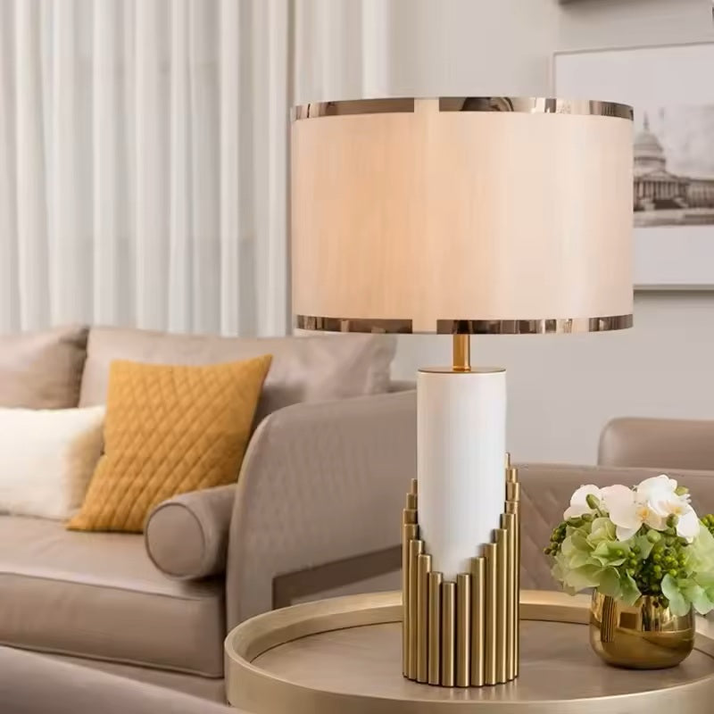 Modern Gold Table Lamp with Fabric Cylinder Shade | Velnari