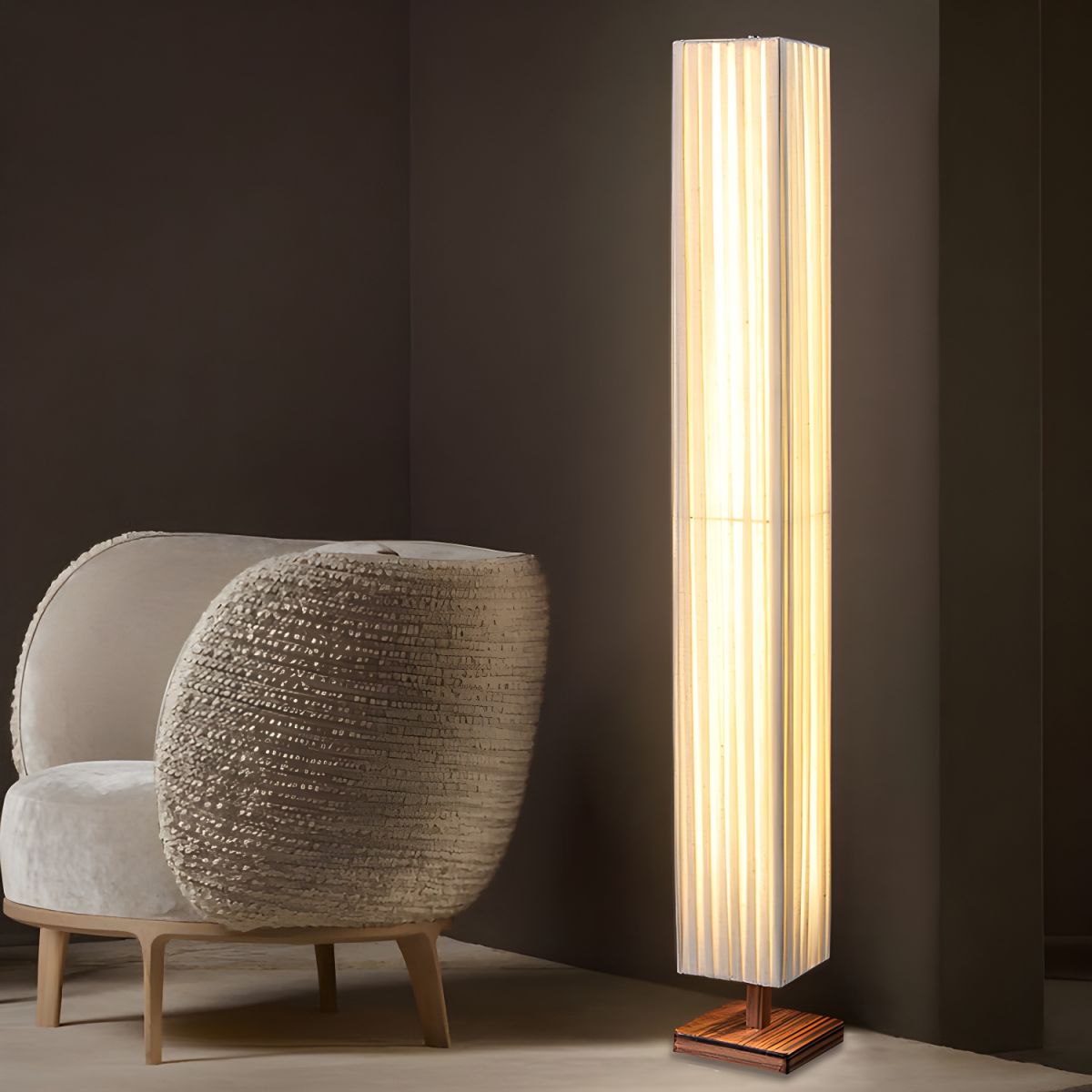 Modern LED Floor Lamp Wood Column with Fabric Shade | Taveron
