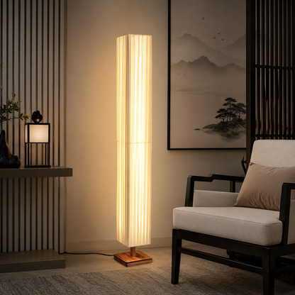Modern LED Floor Lamp Wood Column with Fabric Shade | Taveron