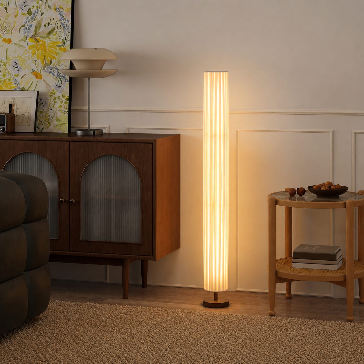 Modern LED Floor Lamp Wood Column with Fabric Shade | Taveron