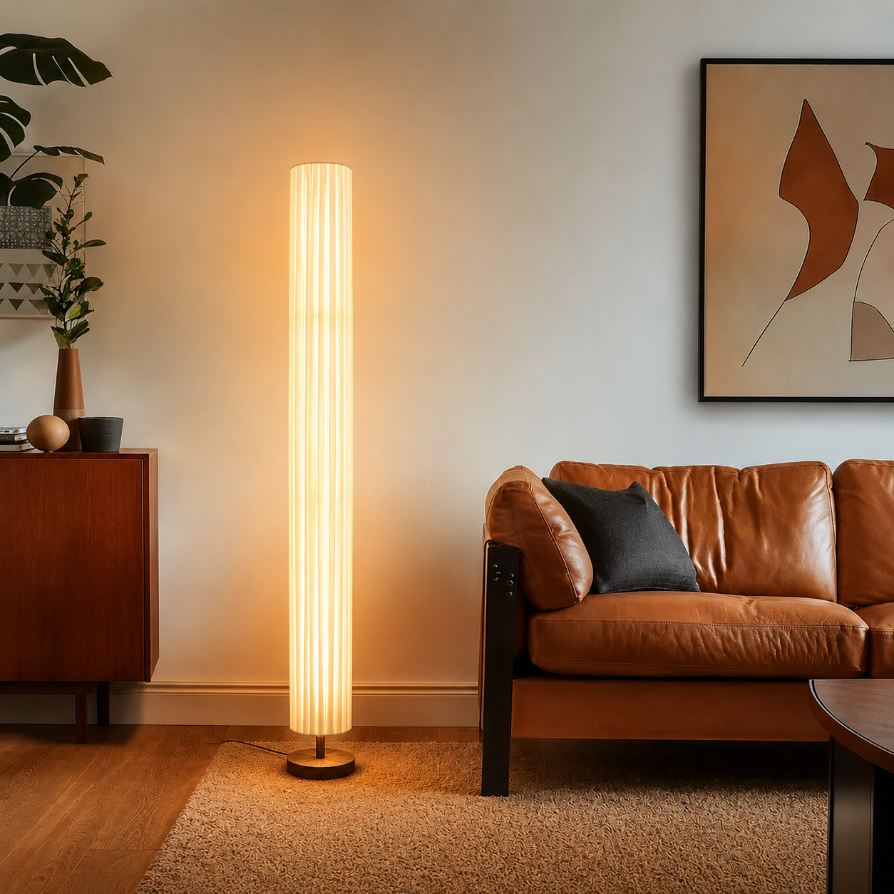 Modern LED Floor Lamp Wood Column with Fabric Shade | Taveron