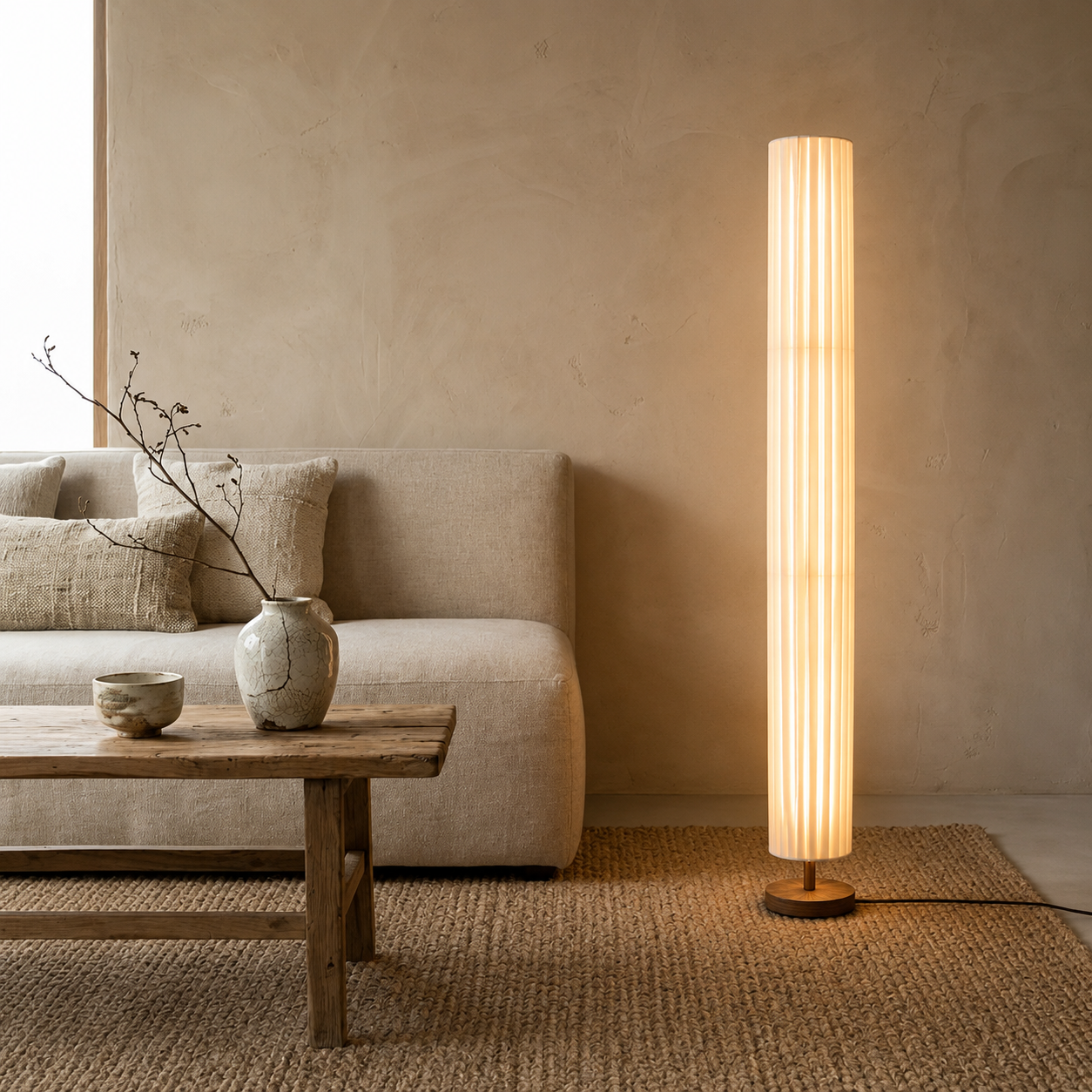 Modern LED Floor Lamp Wood Column with Fabric Shade | Taveron