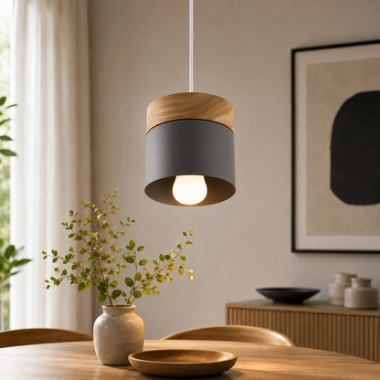 Modern Nordic Cylinder Pendant Light Wood Metal E27 | Tivora
