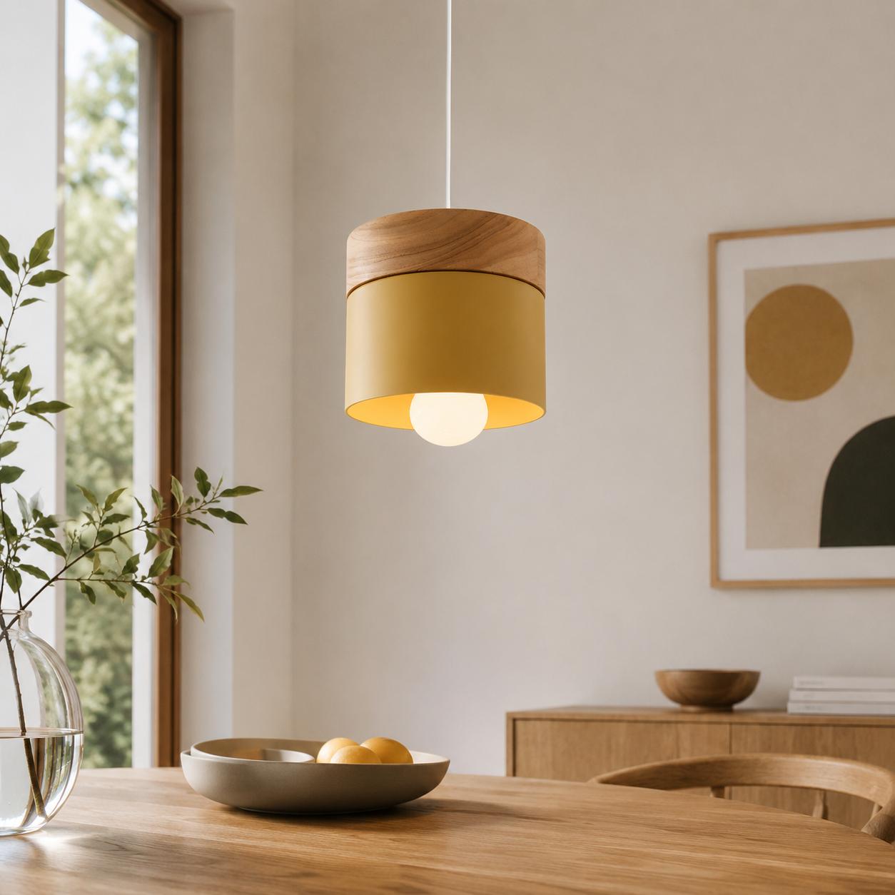 Modern Nordic Cylinder Pendant Light Wood Metal E27 | Tivora