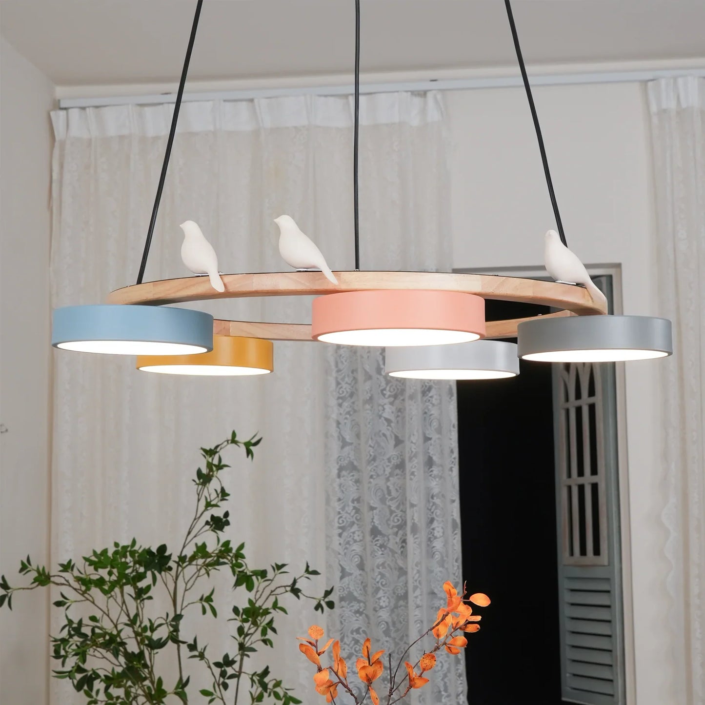 Modern Round Wood LED Chandelier Ceiling Pendant | Lunwora