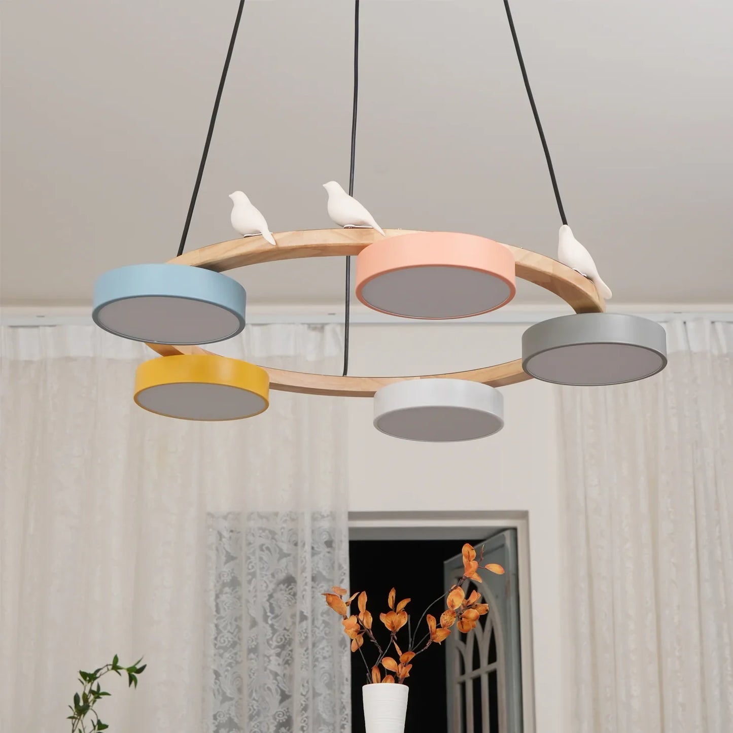 Modern Round Wood LED Chandelier Ceiling Pendant | Lunwora