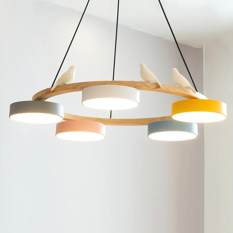 Modern Round Wood LED Chandelier Ceiling Pendant | Lunwora