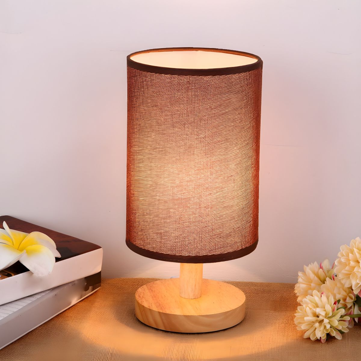 Modern Table Lamp with Solid Wood Base Fabric Shade | Qorzani