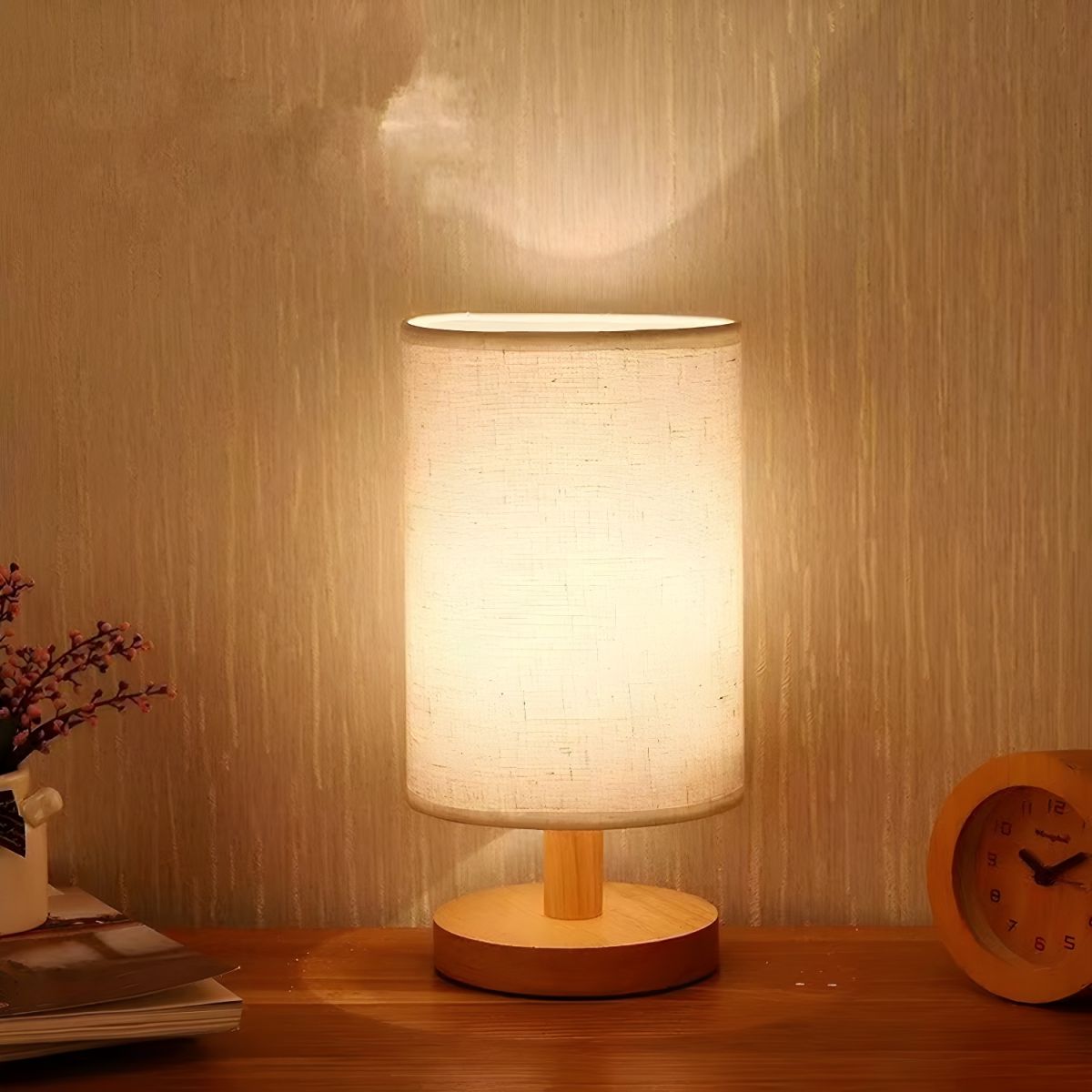 Modern Table Lamp with Solid Wood Base Fabric Shade | Qorzani