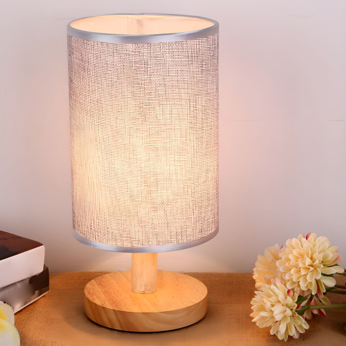 Modern Table Lamp with Solid Wood Base Fabric Shade | Qorzani