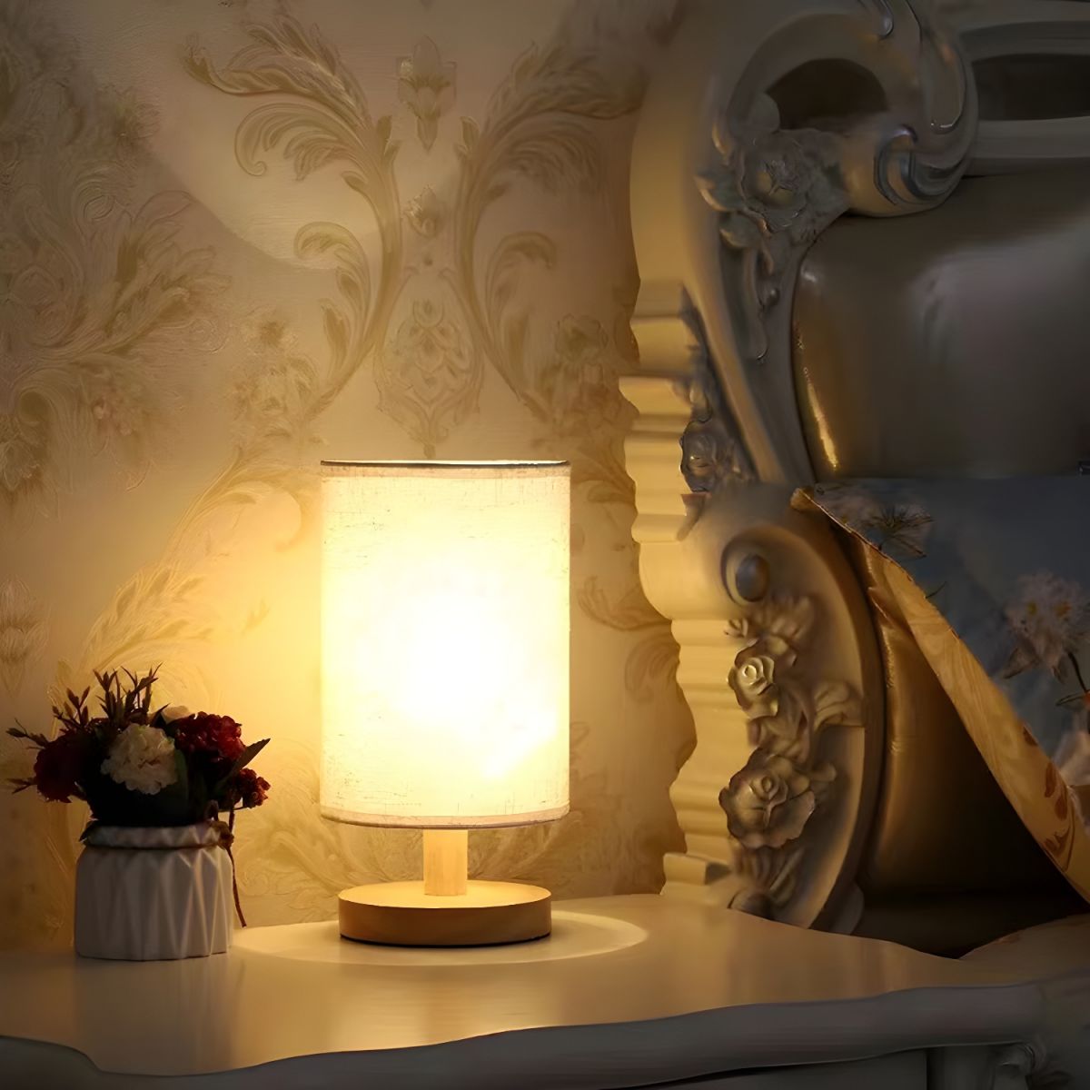 Modern Table Lamp with Solid Wood Base Fabric Shade | Qorzani