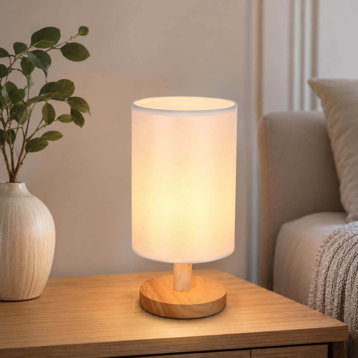 Modern Table Lamp with Solid Wood Base Fabric Shade | Qorzani