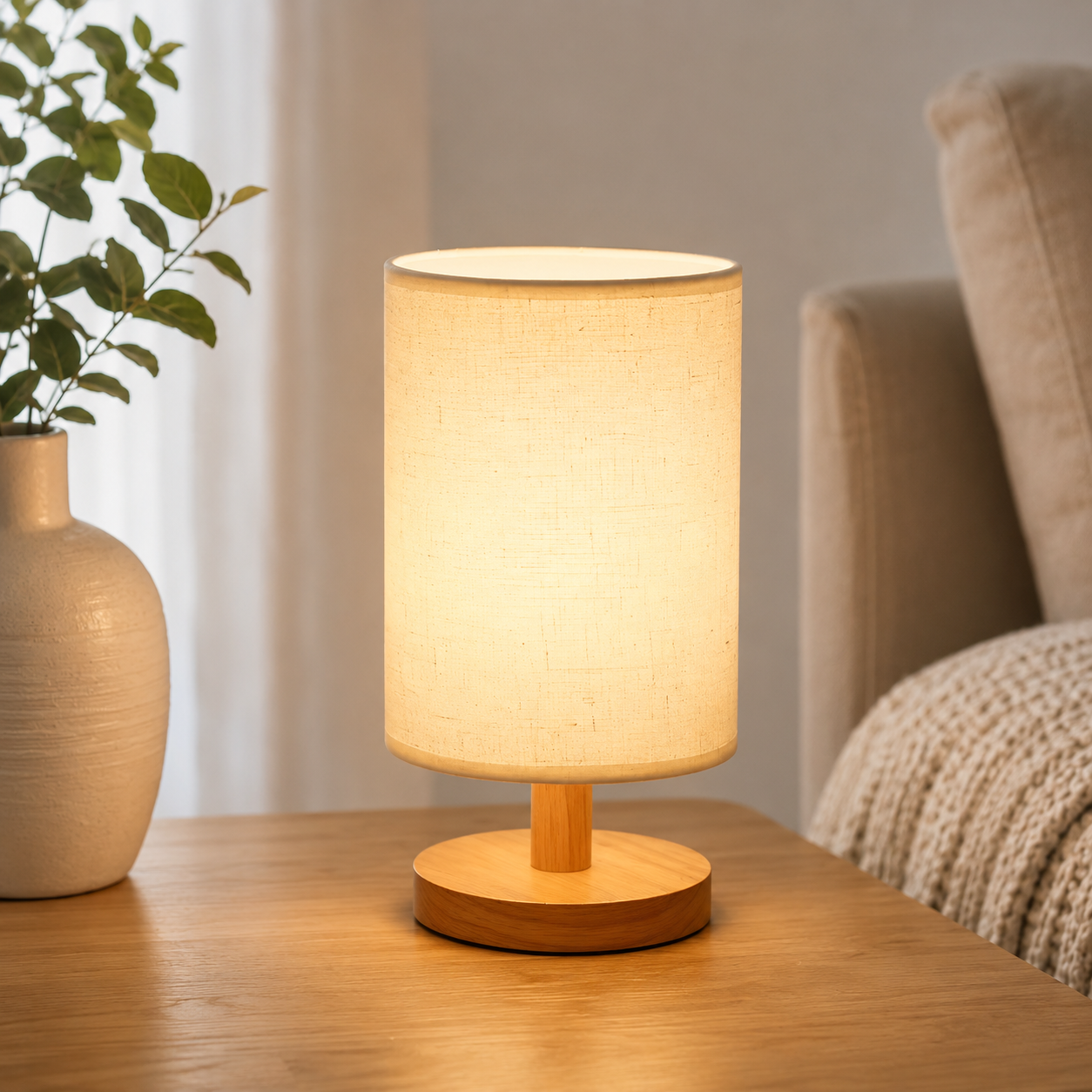 Modern Table Lamp with Solid Wood Base Fabric Shade | Qorzani
