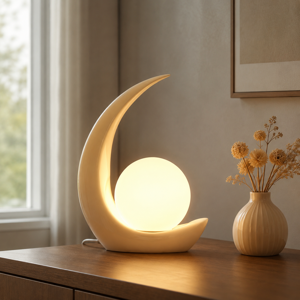 Modern Table Lamp with White Glass Globe Shade | Solvira