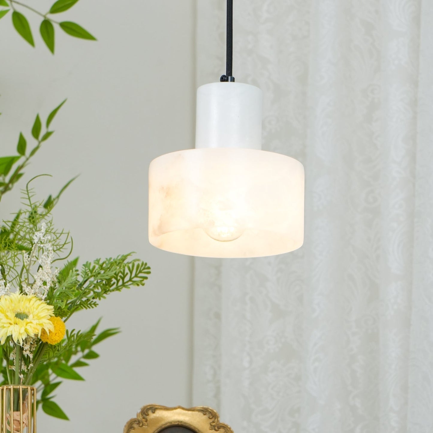Nordic Alabaster Cylinder Pendant Light with Copper Detail | Xentora
