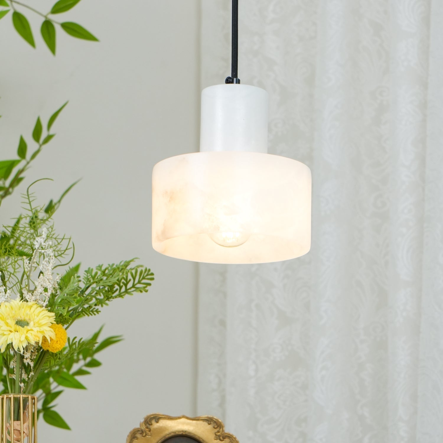Nordic Alabaster Cylinder Pendant Light with Copper Detail | Xentora