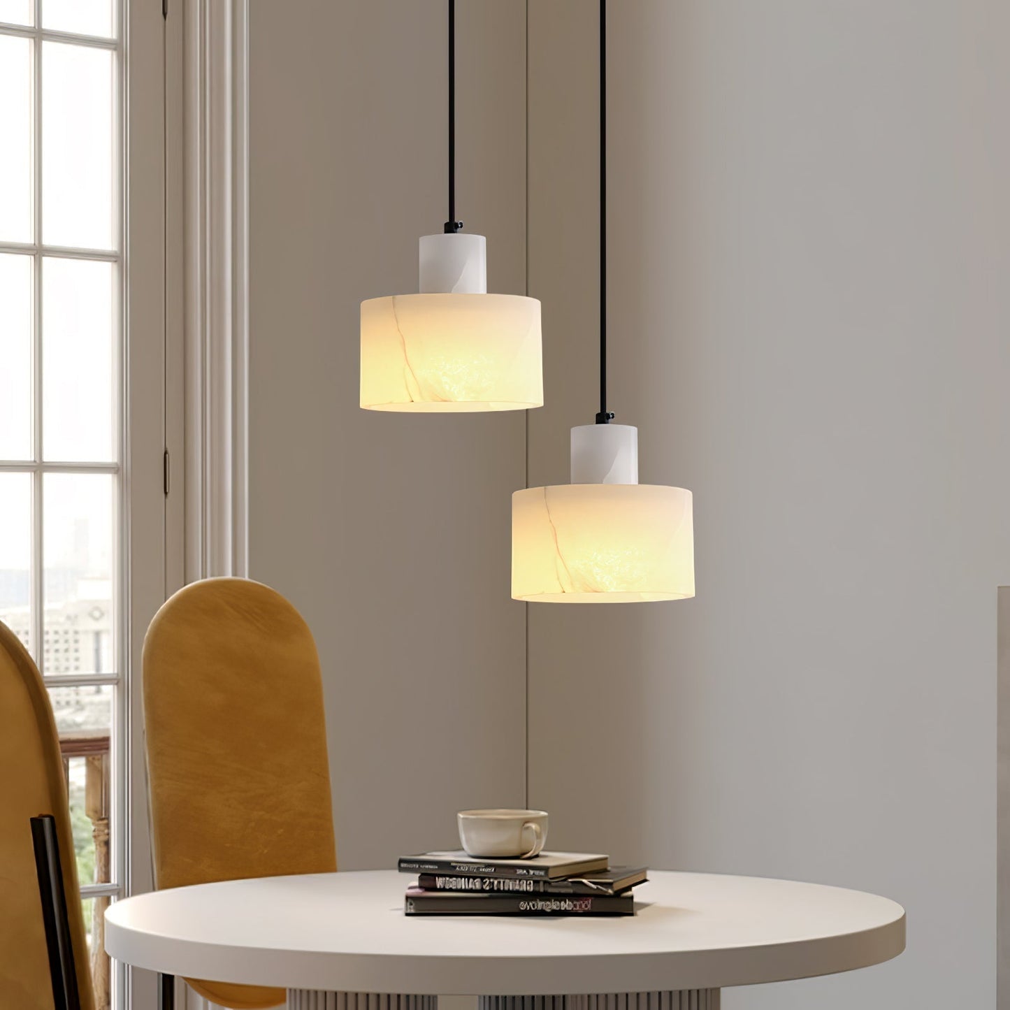 Nordic Alabaster Cylinder Pendant Light with Copper Detail | Xentora