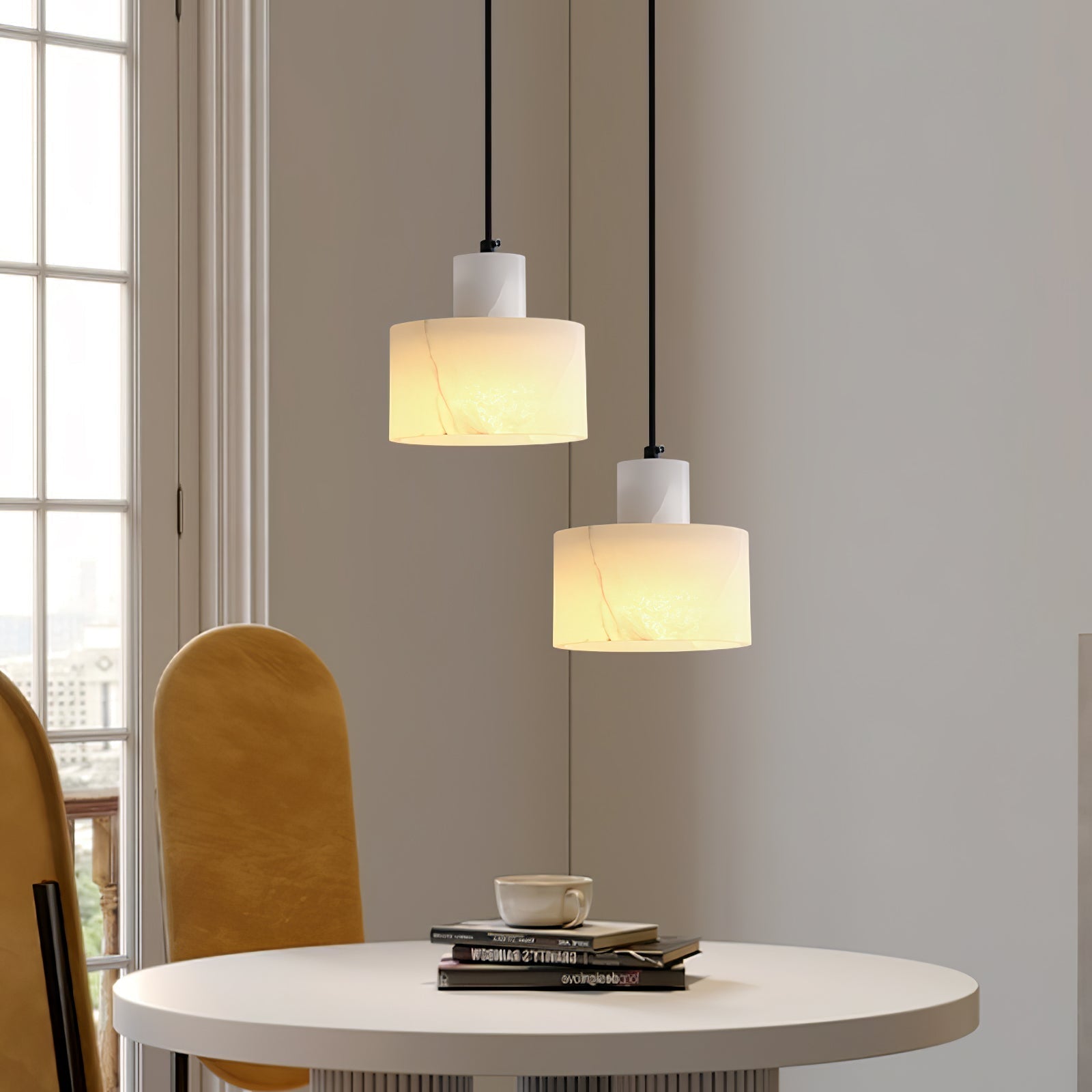 Nordic Alabaster Cylinder Pendant Light with Copper Detail | Xentora