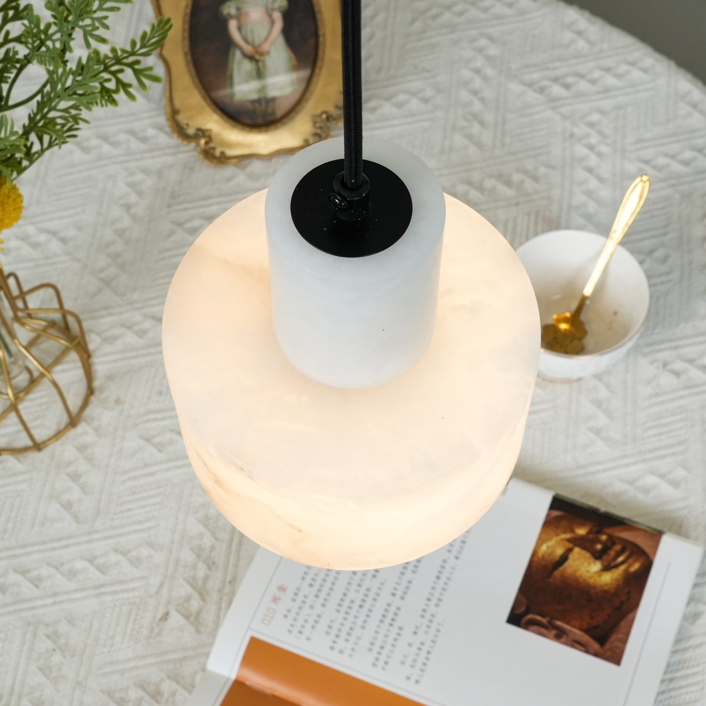 Nordic Alabaster Cylinder Pendant Light with Copper Detail | Xentora