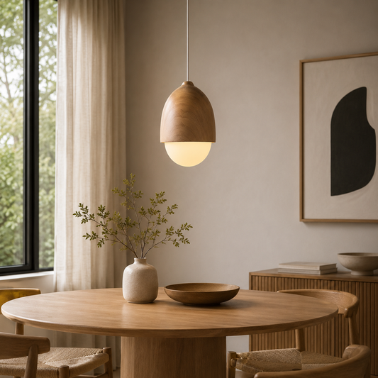 Nordic Frosted Glass Pendant Light Faux Wood Interior Lamp | Lorvexa