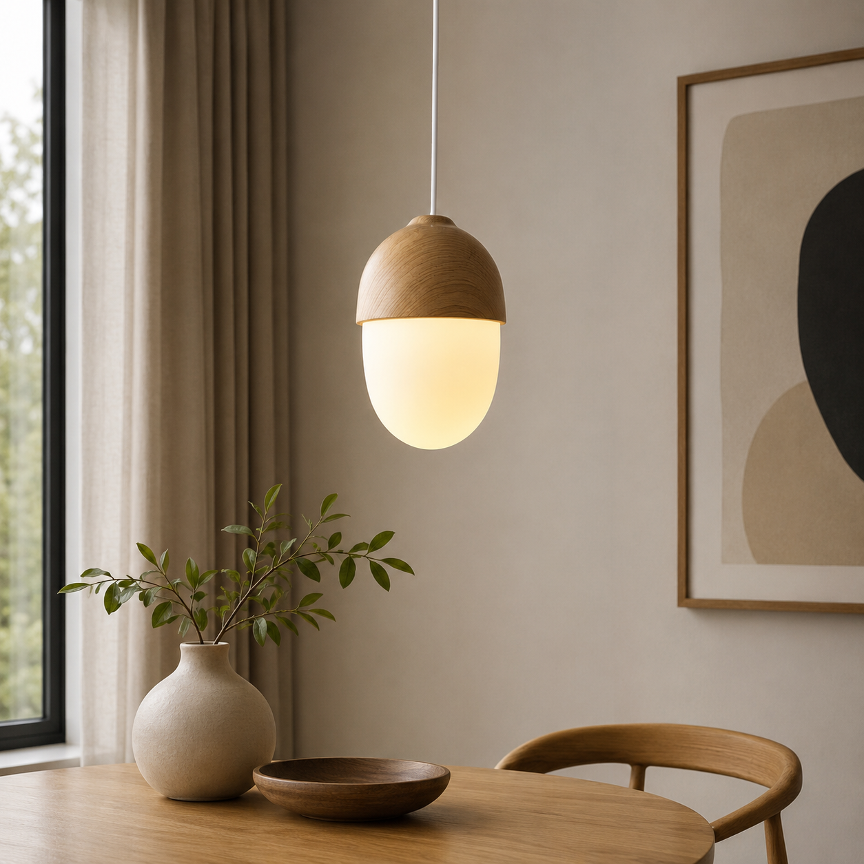 Nordic Frosted Glass Pendant Light Faux Wood Interior Lamp | Lorvexa