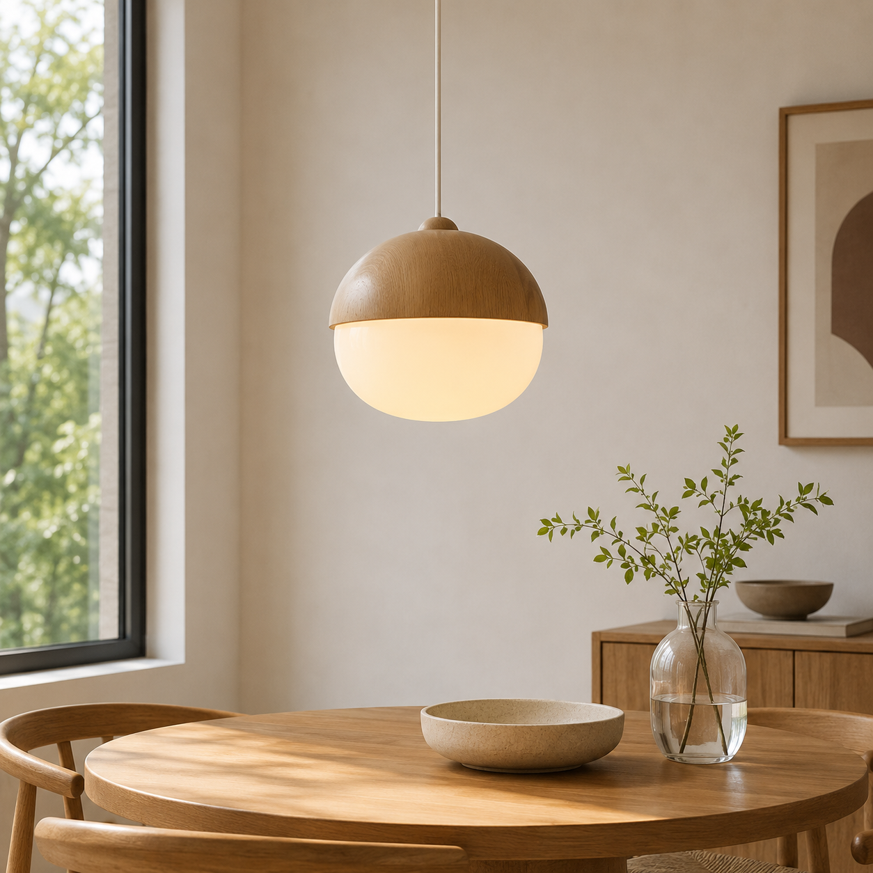 Nordic Frosted Glass Pendant Light Faux Wood Interior Lamp | Lorvexa