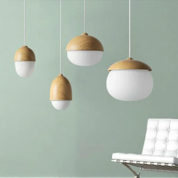 Nordic Frosted Glass Pendant Light Faux Wood Interior Lamp | Lorvexa