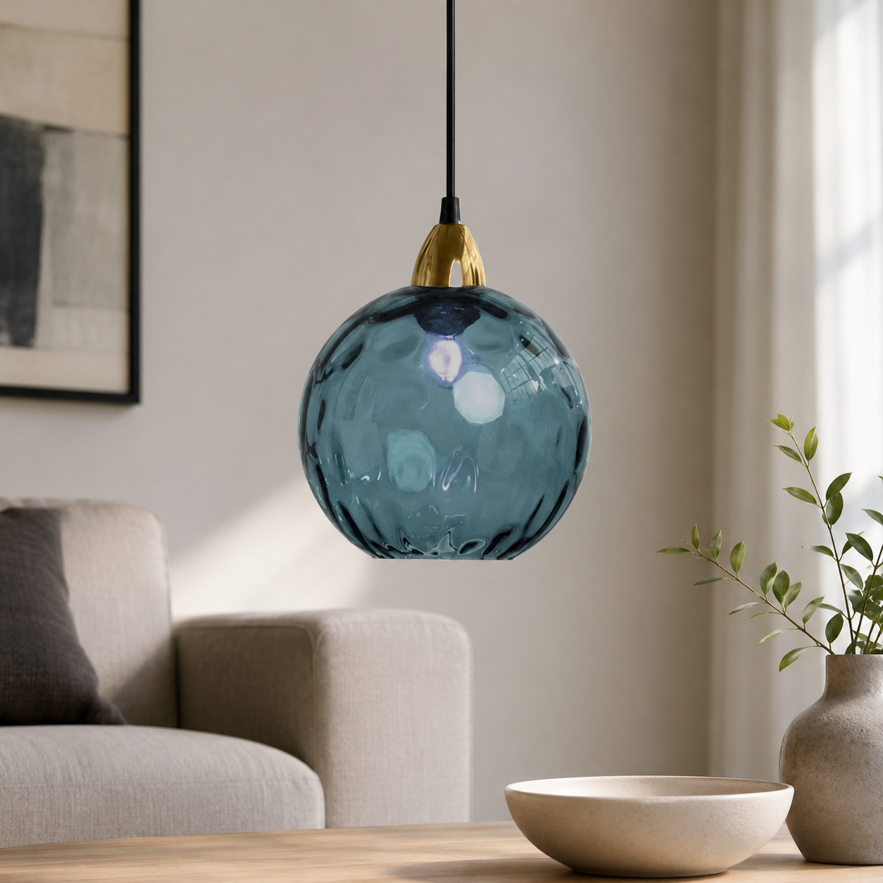 Nordic Glass Sphere Pendant Light With Ripple Texture | Alvera