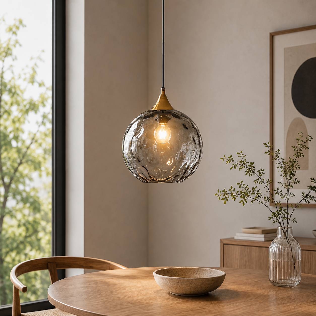 Nordic Glass Sphere Pendant Light With Ripple Texture | Alvera