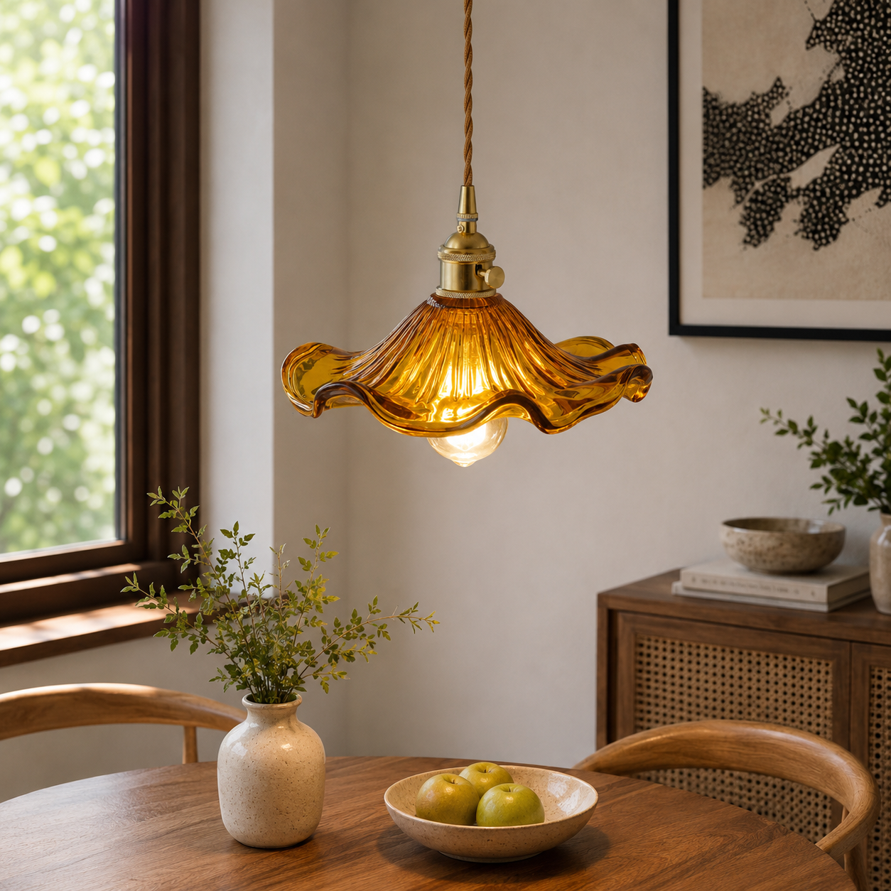 Nordic Hibiscus Glass Pendant Light With Brass Detail | Lunvora
