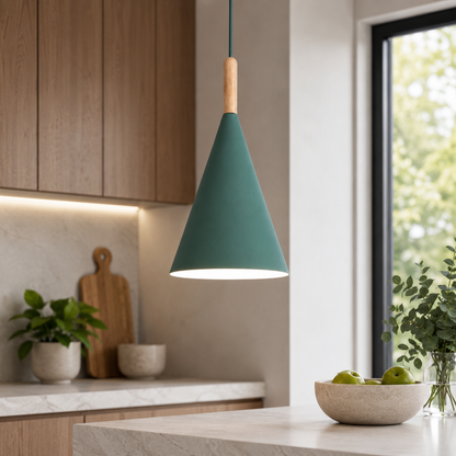 Nordic Metal Cone Pendant Light with Wooden Detail | Larvion