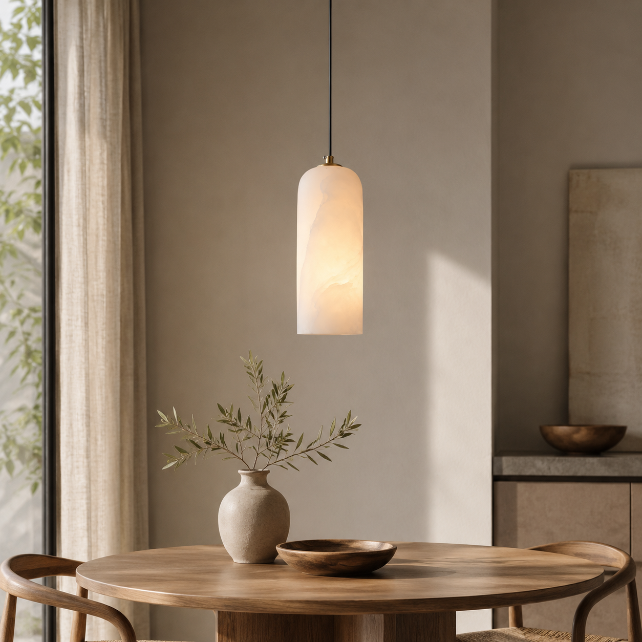 Nordic Minimalist Alabaster Pendant Light with Brass Detail | Zorelia