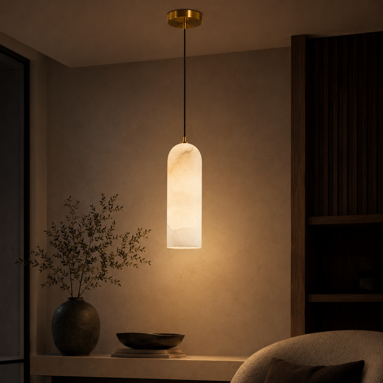 Nordic Minimalist Alabaster Pendant Light with Brass Detail | Zorelia