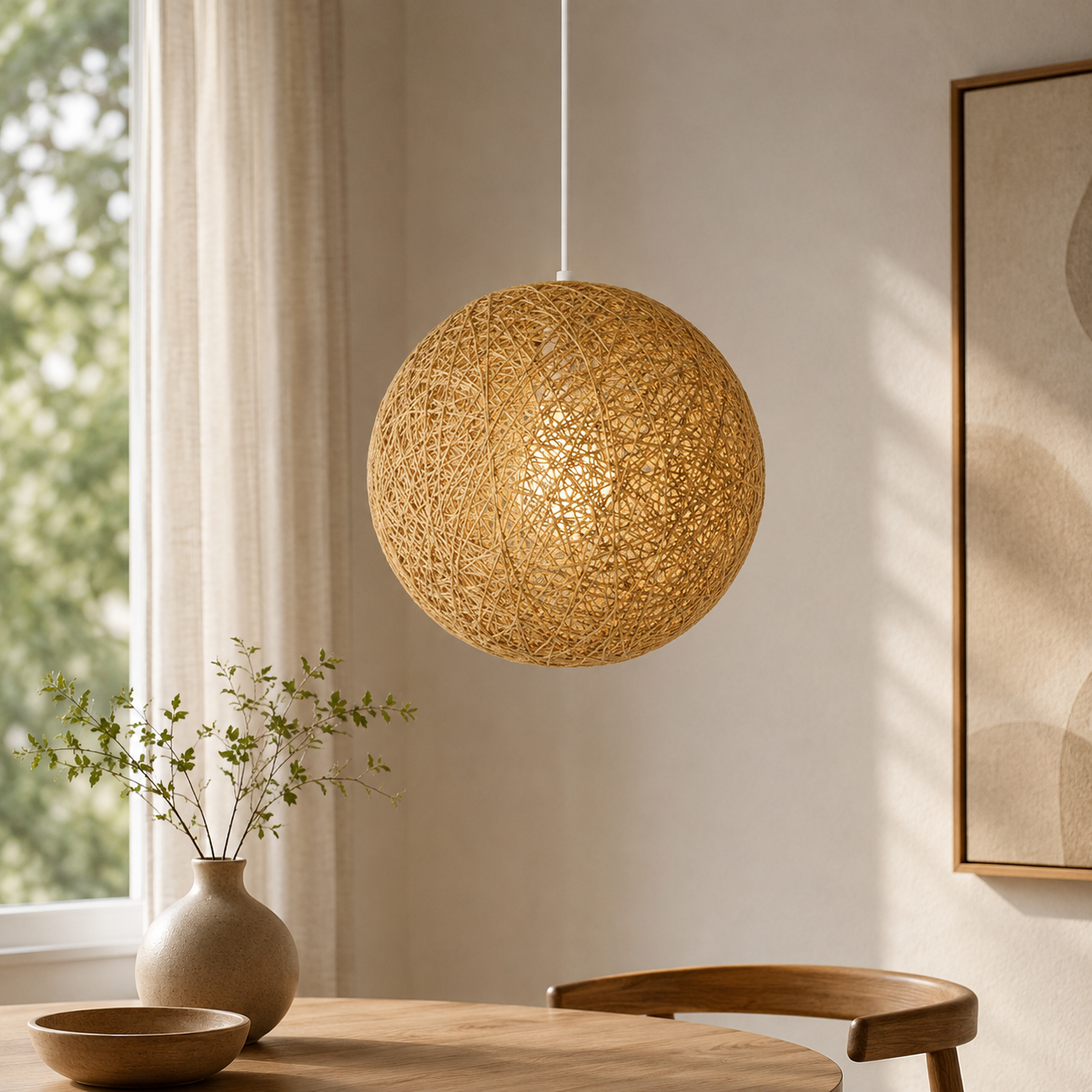 Nordic Paper Sphere Pendant Light with Wicker Texture | Qelvoro