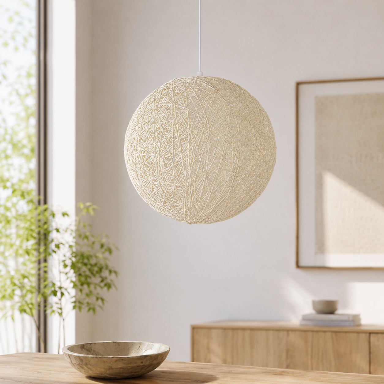 Nordic Paper Sphere Pendant Light with Wicker Texture | Qelvoro