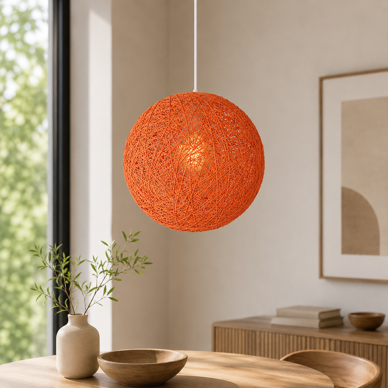 Nordic Paper Sphere Pendant Light with Wicker Texture | Qelvoro