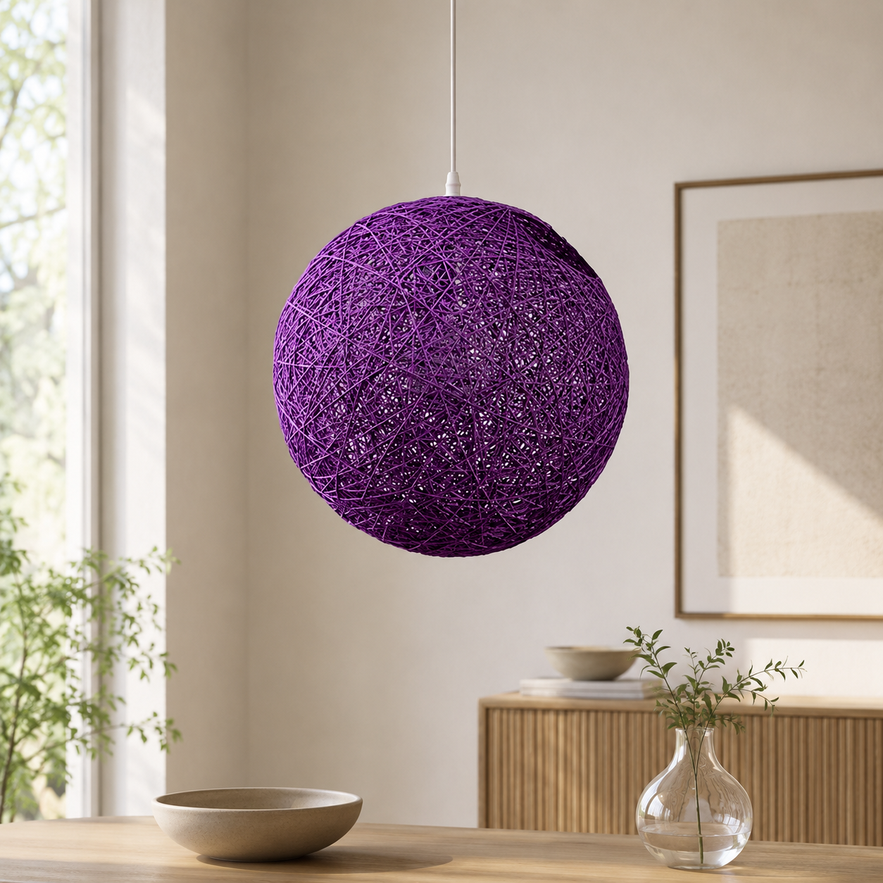Nordic Paper Sphere Pendant Light with Wicker Texture | Qelvoro
