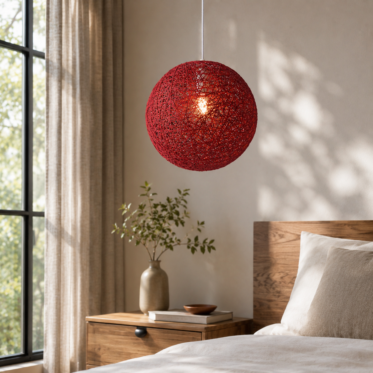 Nordic Paper Sphere Pendant Light with Wicker Texture | Qelvoro