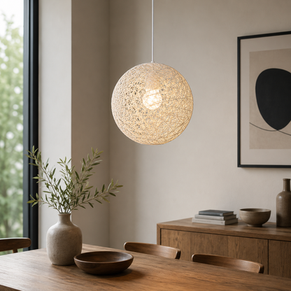 Nordic Paper Sphere Pendant Light with Wicker Texture | Qelvoro