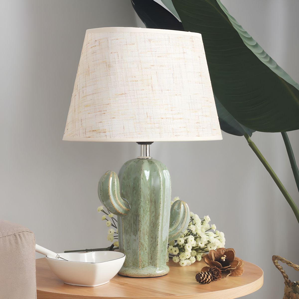 Nordic Porcelain Cactus Table Lamp with Fabric Shade | Sarvino