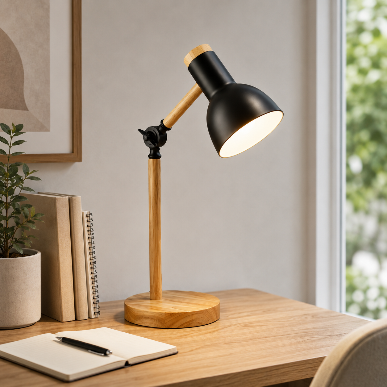 Nordic Table Lamp with Wooden Arm Macaron Style | Dravico