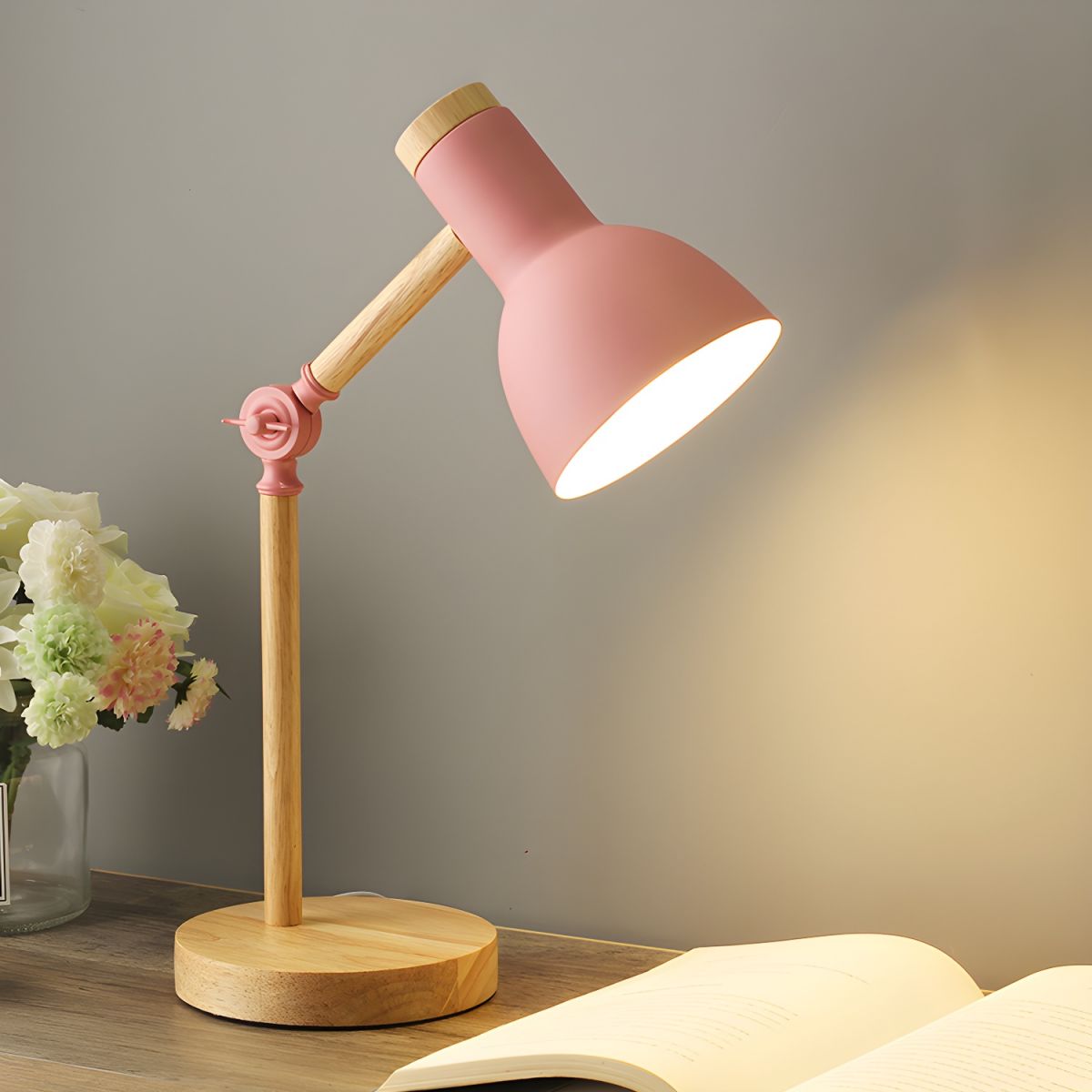 Nordic Table Lamp with Wooden Arm Macaron Style | Dravico