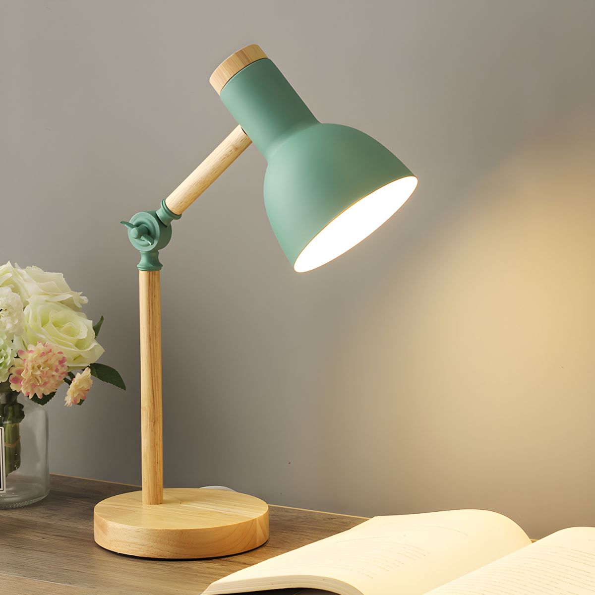 Nordic Table Lamp with Wooden Arm Macaron Style | Dravico